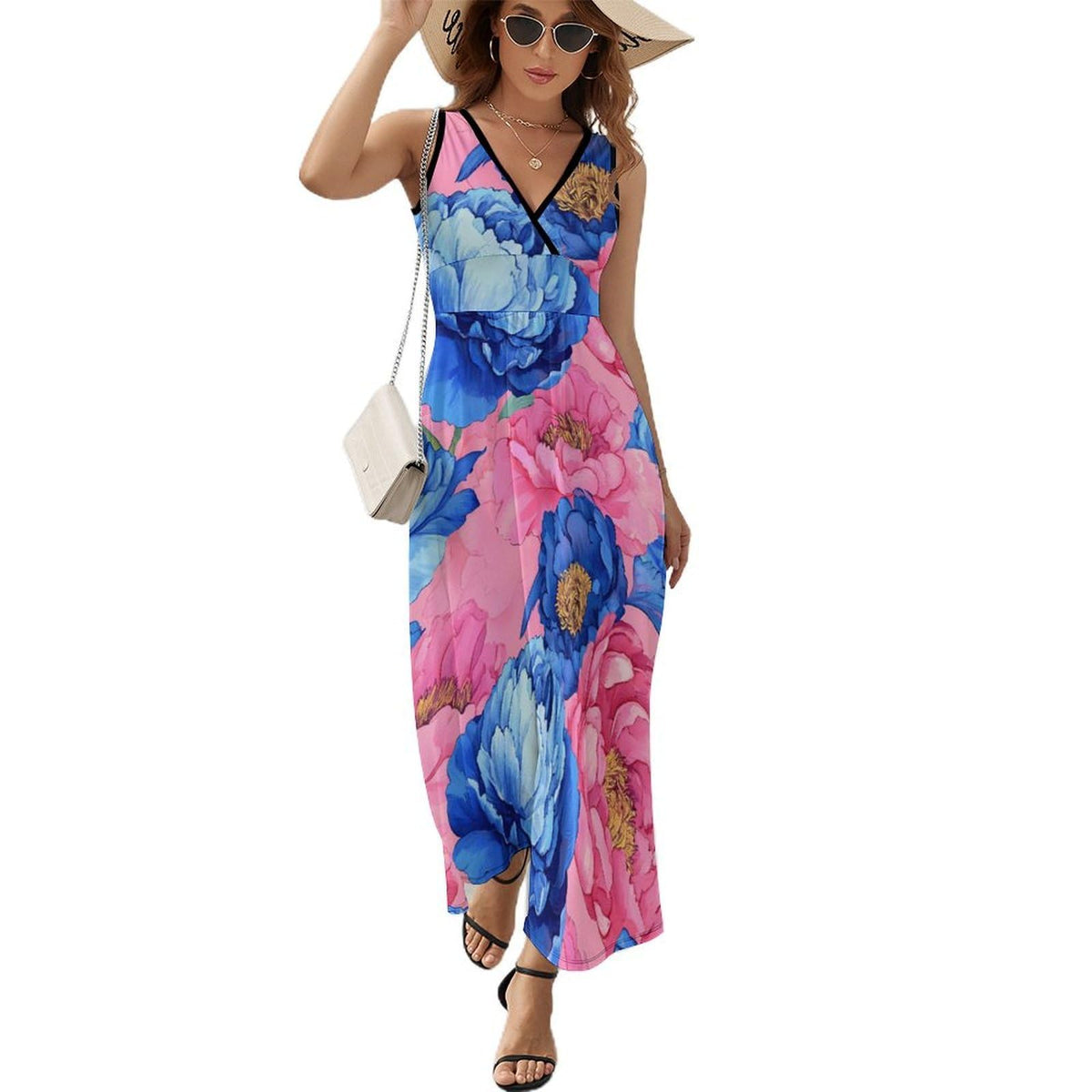 longue maxi femme à imprimé pivoines aquarelle, sans manches, col en V, style décontracté, idéale pour la plage.