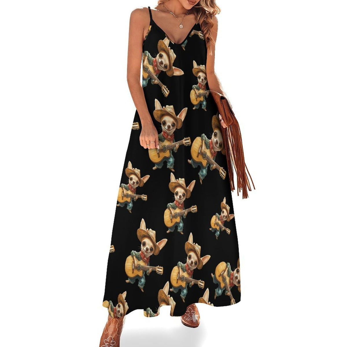 longue maxi Chihuahua jouant de la guitare pour femme, robe d'été sans manches, robe de plage