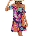 d'été courte à fleurs bohèmes colorées, épaules dénudées, mini-robe à volants pour femme, idéale pour les fêtes et la plage.
